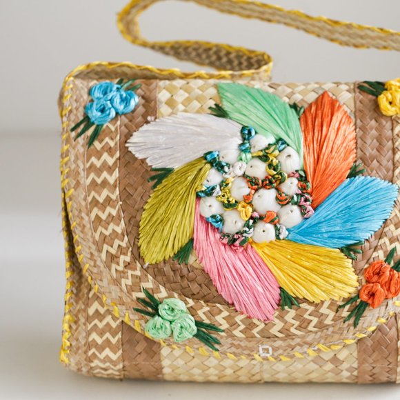 Vintage handmade straw floral shell purse shoulder bag woven raffia unique - Picture 3 of 14